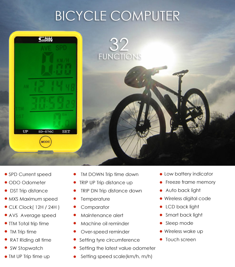 SunDing SD - 576C Water Resistant Touch Screen Wireless Bicycle Computer Odometer with LCD Backlight