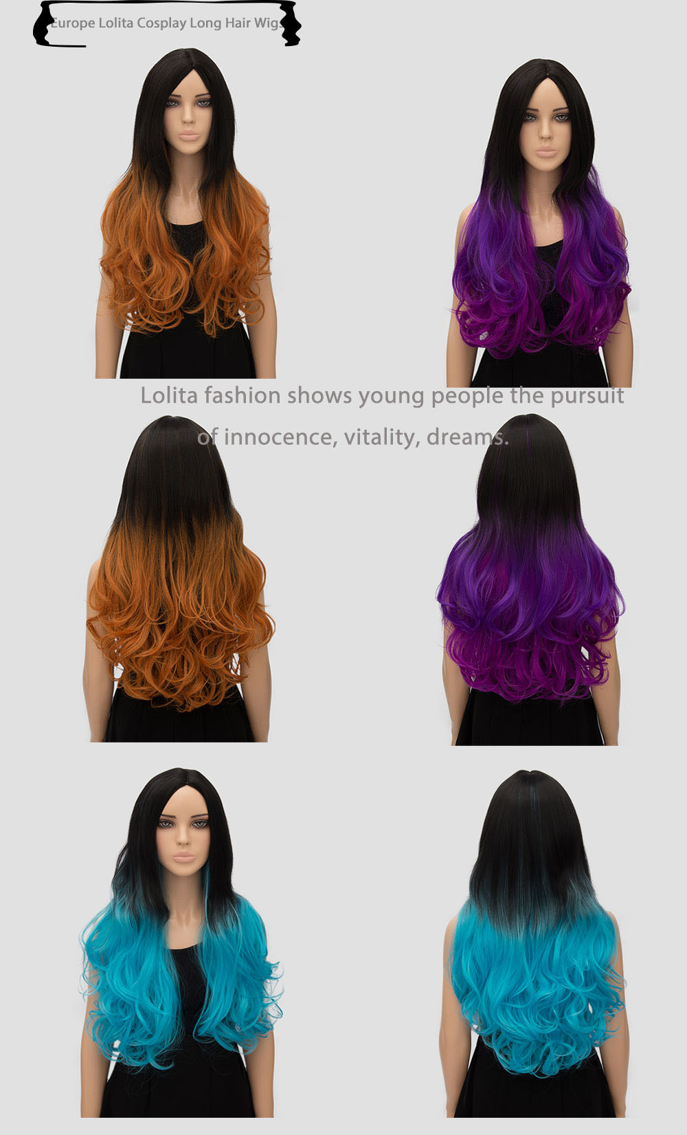 Women Europe Ombre Long Wavy Gradient Mixed Color Wigs Heat Resistant Synthetic Hair Cosplay Party