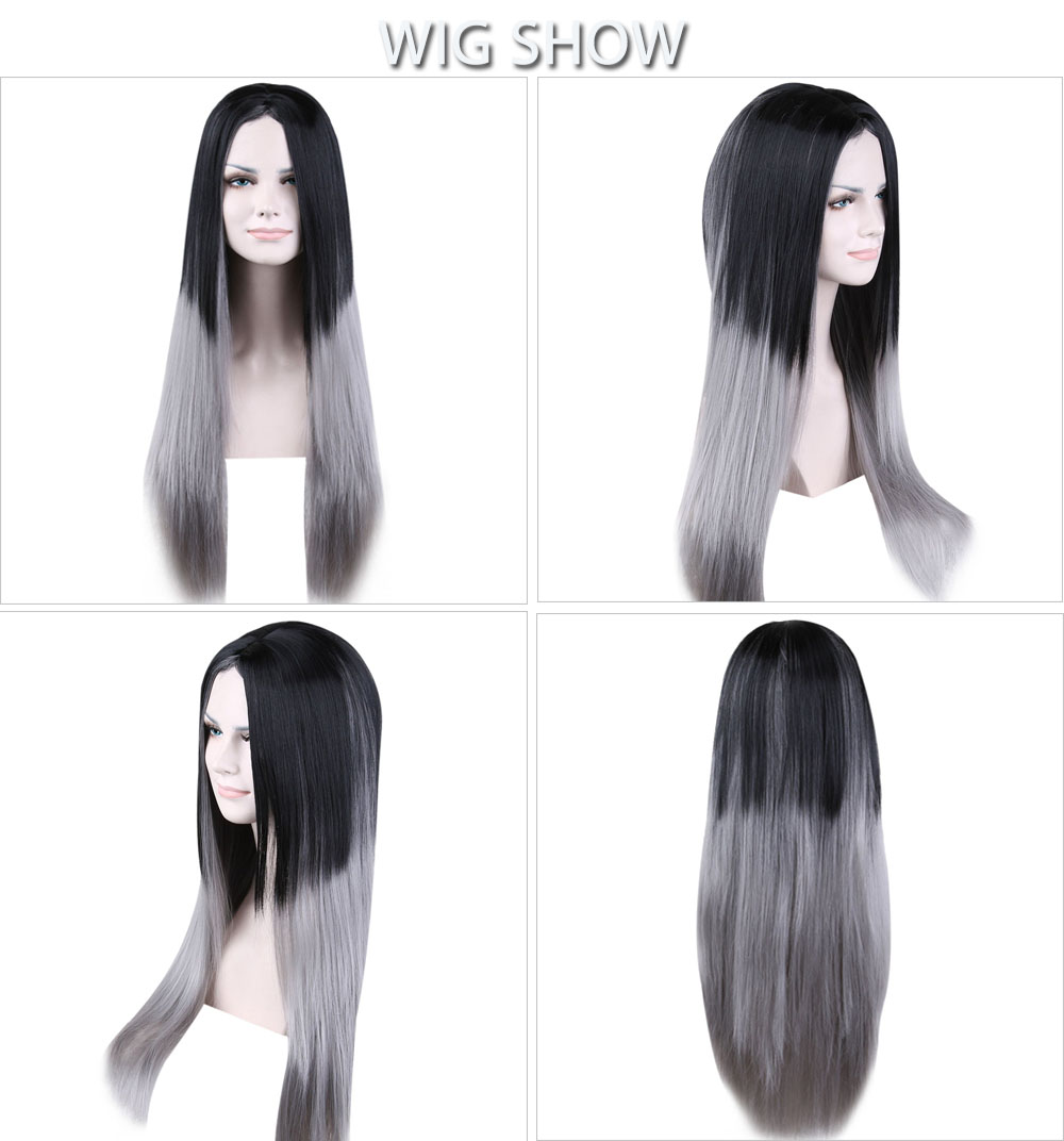 Women Long Straight Ombre Grey Full Wigs Heat Resistant Hair Cospaly Party