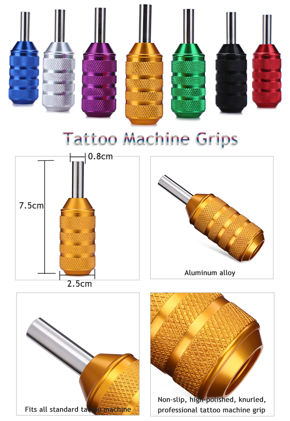 Non-slip Knurled Aluminum Alloy Tattoo Machine Grip Tube