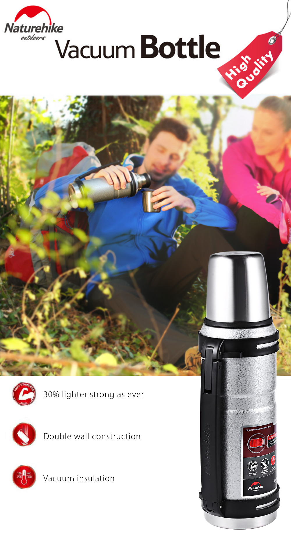 Naturehike 1L Outdoor Stainless Steel Vacuum Thermal Water Bottle Camping Flask Travel Cup