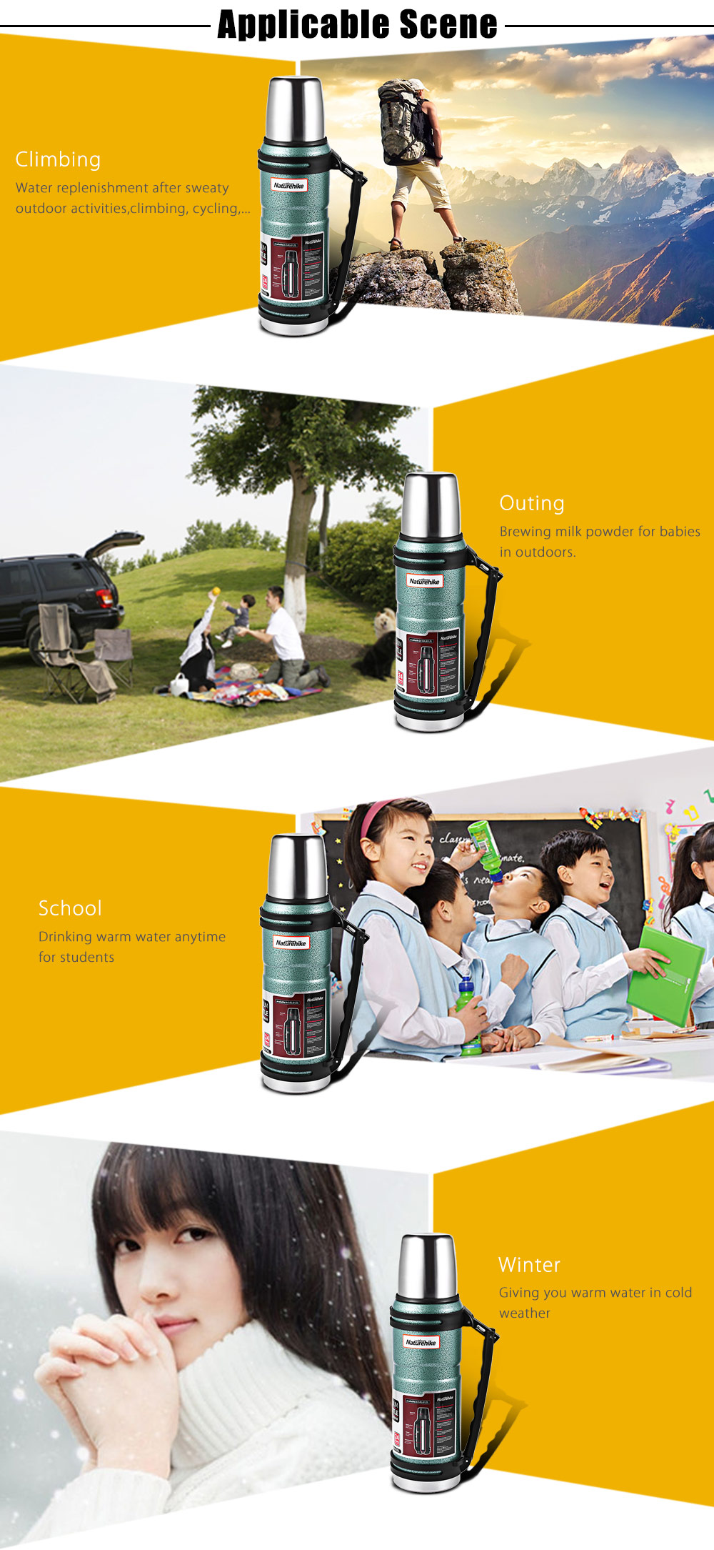 Naturehike 1L Outdoor Stainless Steel Vacuum Thermal Water Bottle Camping Flask Travel Cup