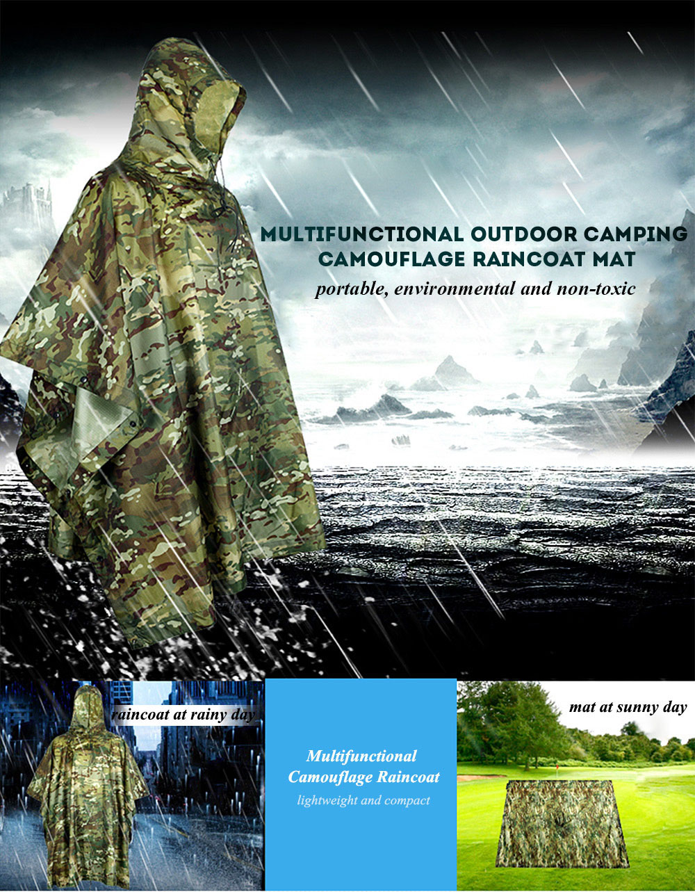 Free Solider Outdoor Water Resistant Riding Camping Camouflage Raincoat Mat Multifunctional Hiking Rain Cover