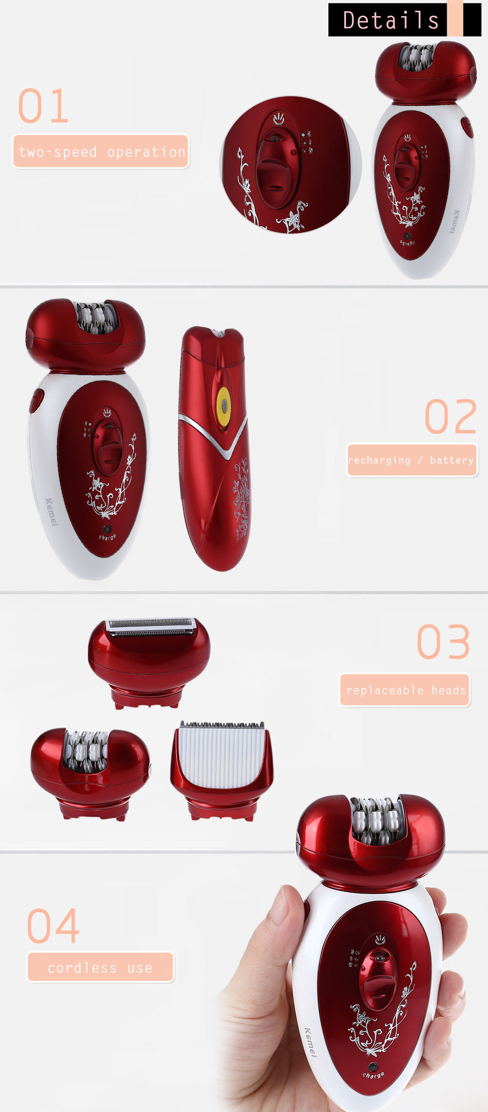 KM - 3048 Rechargeable Electric Epilator Hair Clipper Shaver Defeatherer for Lady