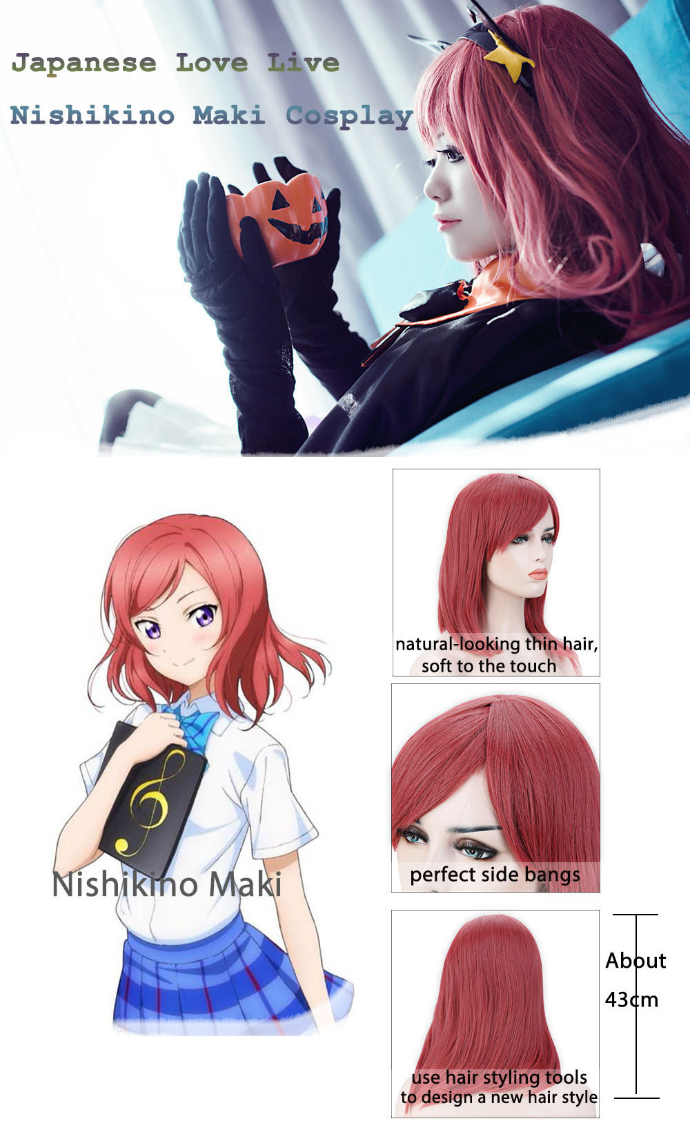 Japanese Nishikino Maki Medium Short Anime Cosplay Full Wigs