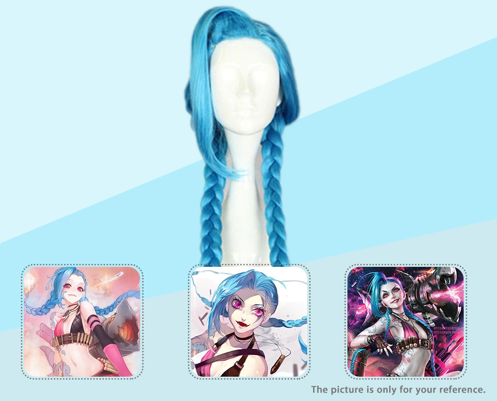 Long Blue Full Wigs with Double Twist Cosplay Party for Jinx Figure