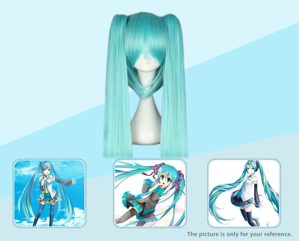 Women Long Straight Blue Full Wigs with Bangs 2 Ponytails Anime Cosplay Hair for Vocaloid Hatsune Miku Figure