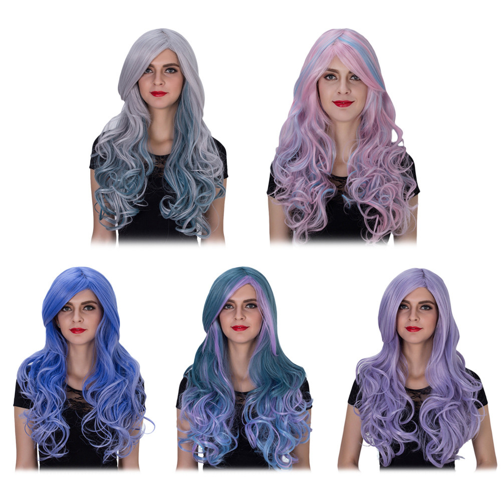 Harajuku Ombre Long Wavy Mixed Colors Synthetic Wigs with Side Bangs