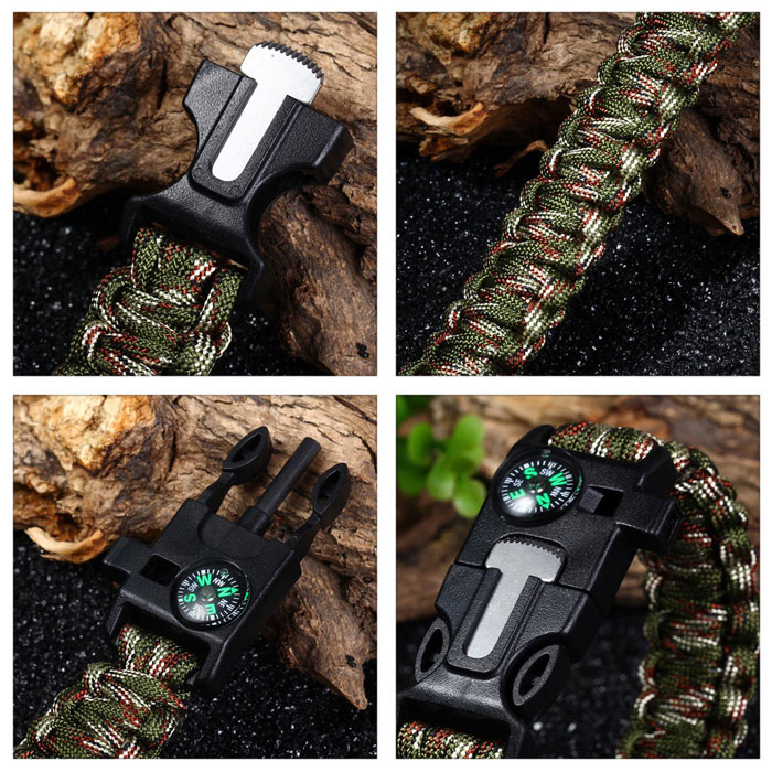 5 in 1 Outdoor Survival Gear Escape Paracord Bracelet Flint / Whistle / Compass / Scraper