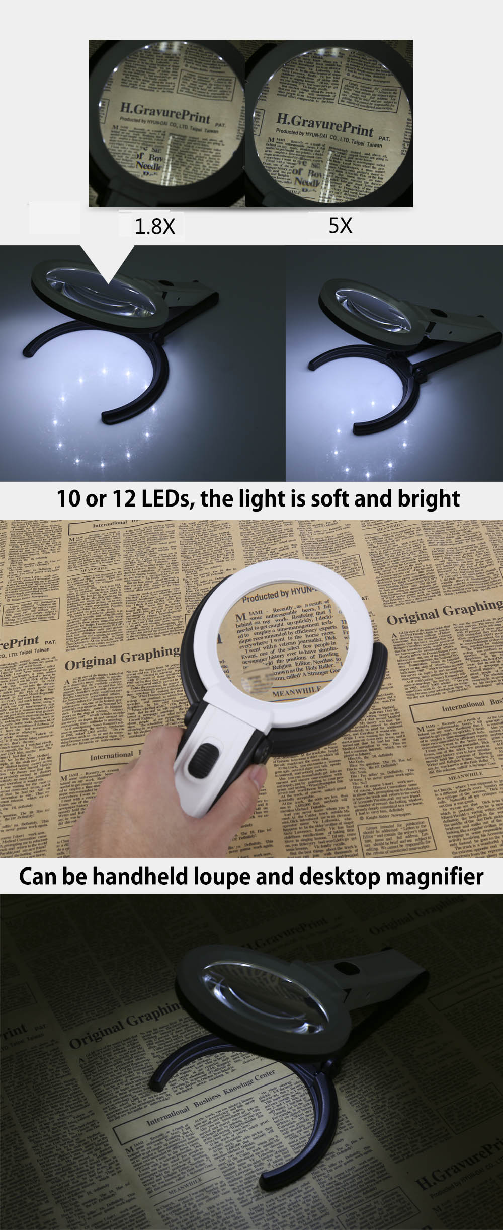 Foldable Magnifier Magnifying Glasses with 1.8X / 5X Lens Table Desk-type Lamp Loupe