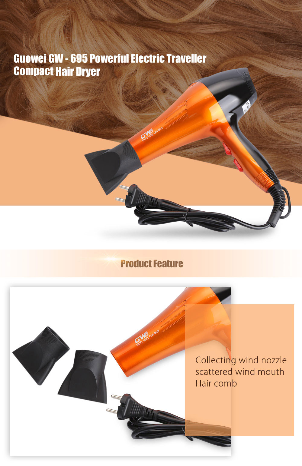 Guowei GW - 695 Powerful Electric Portable Traveller Compact Hair Dryer