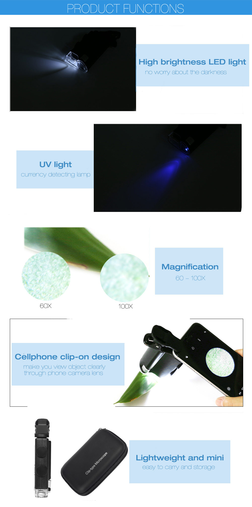 Beileshi 60 - 100X LED Adjustable Cellphone Clip-on Microscope with Currency-detecting Function