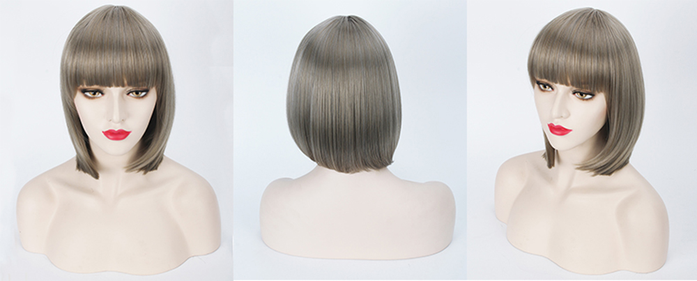 Piaoliujia Glossy Straight Bobo Wigs with Full Bangs for Cosplay Party