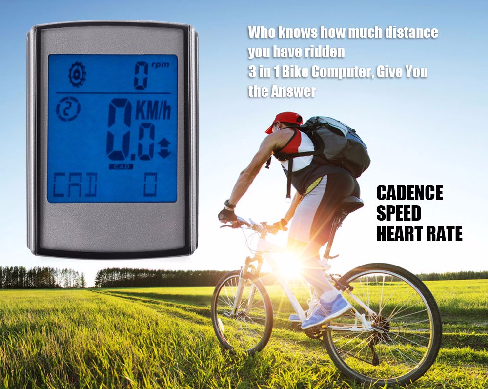 Water Resistant Wireless Cadence Heart Rate Speed 3 in 1 Cycle Computer Speedometer with LCD Backlight