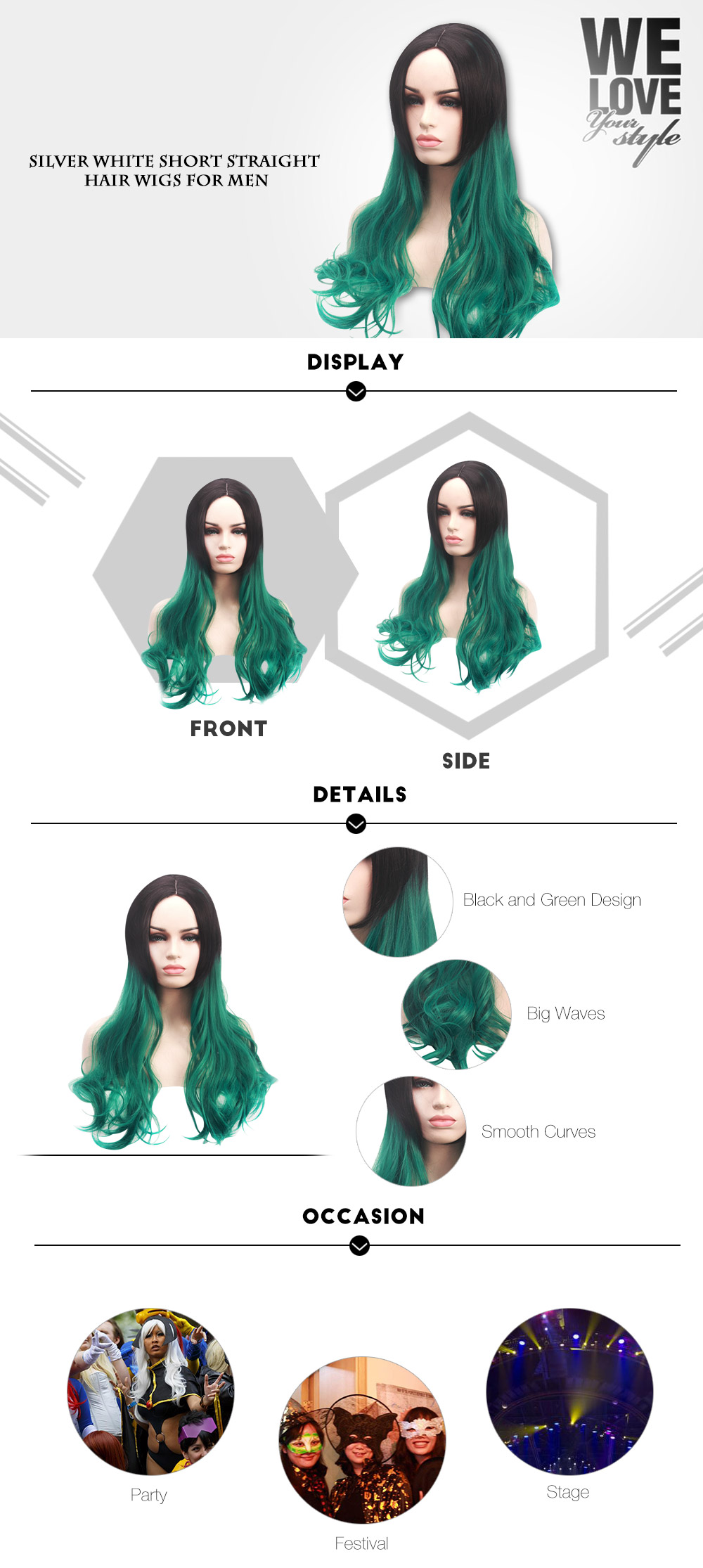Piaoliujia Black Green Cosplay Kinky Curly Microwave Wigs for Women