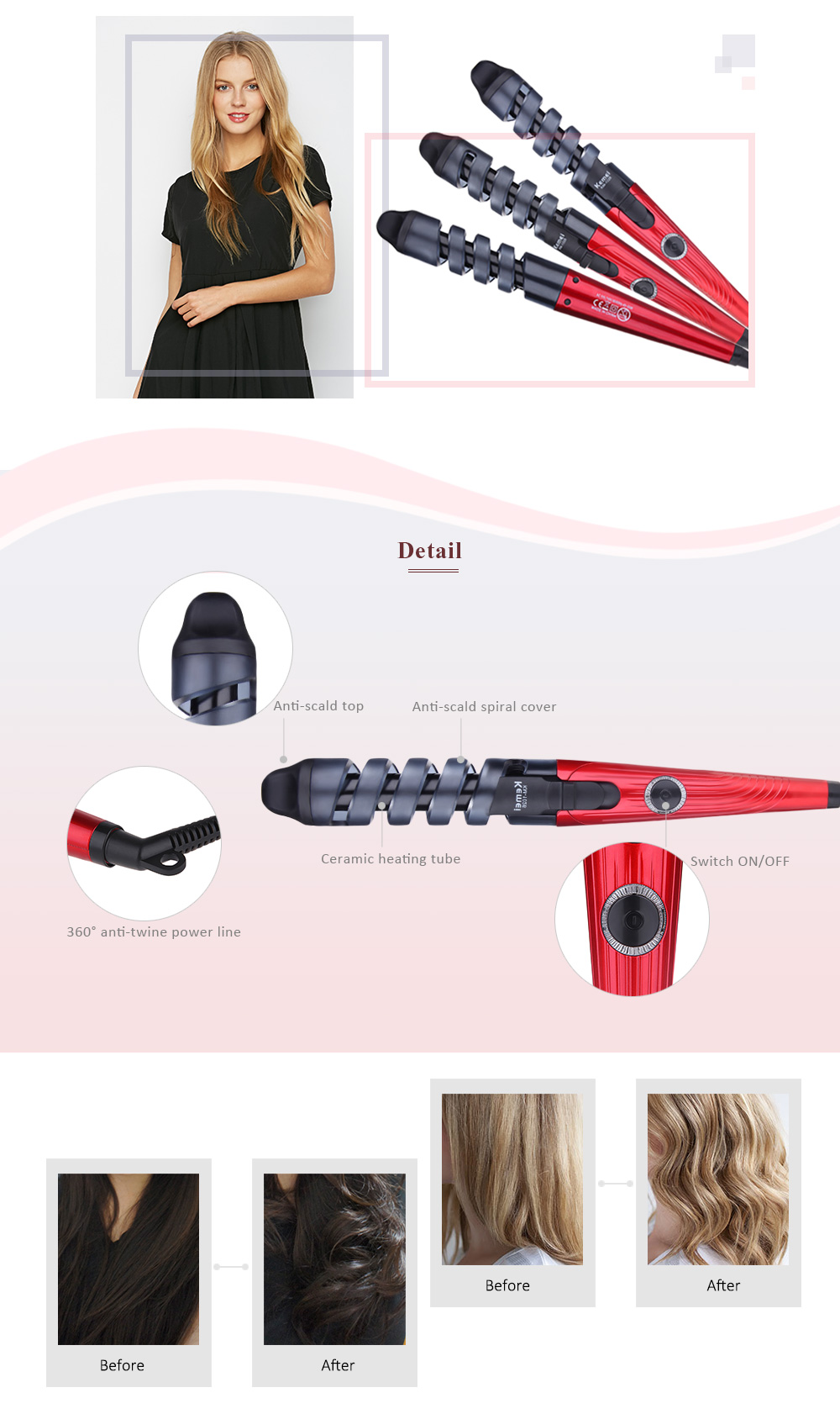KM - 1026 Anti-scald Spiral Style Crimping Iron Hair Curler Perm Roller