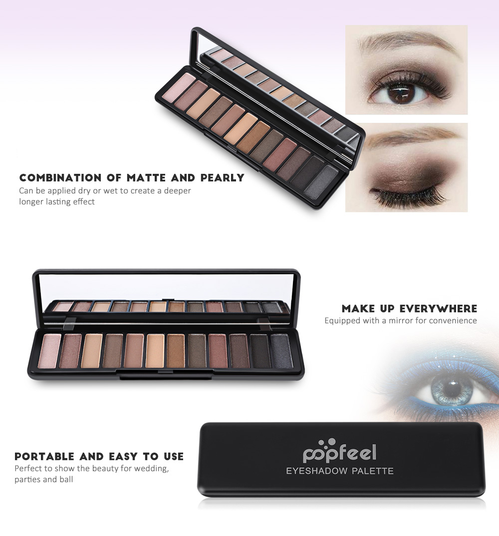 Popfeel Cosmetic Pearly Matte 12 Color Eye Shadow Palette with Mirror