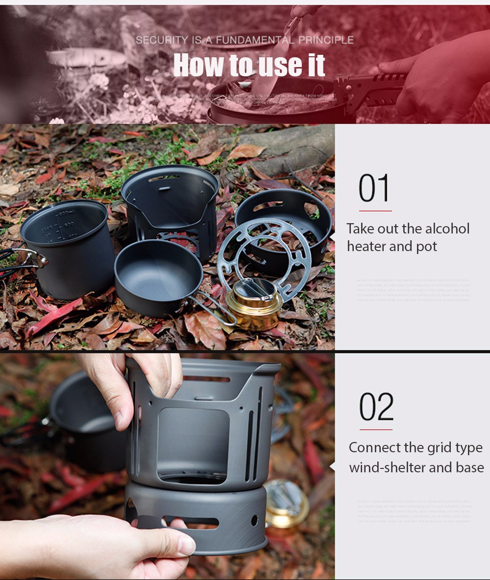 ALOCS CW - C01 Portable 1 - 2 Person 7pcs Kitchenware Set Alcohol Stove for Outdoor Hiking Camping Picnic
