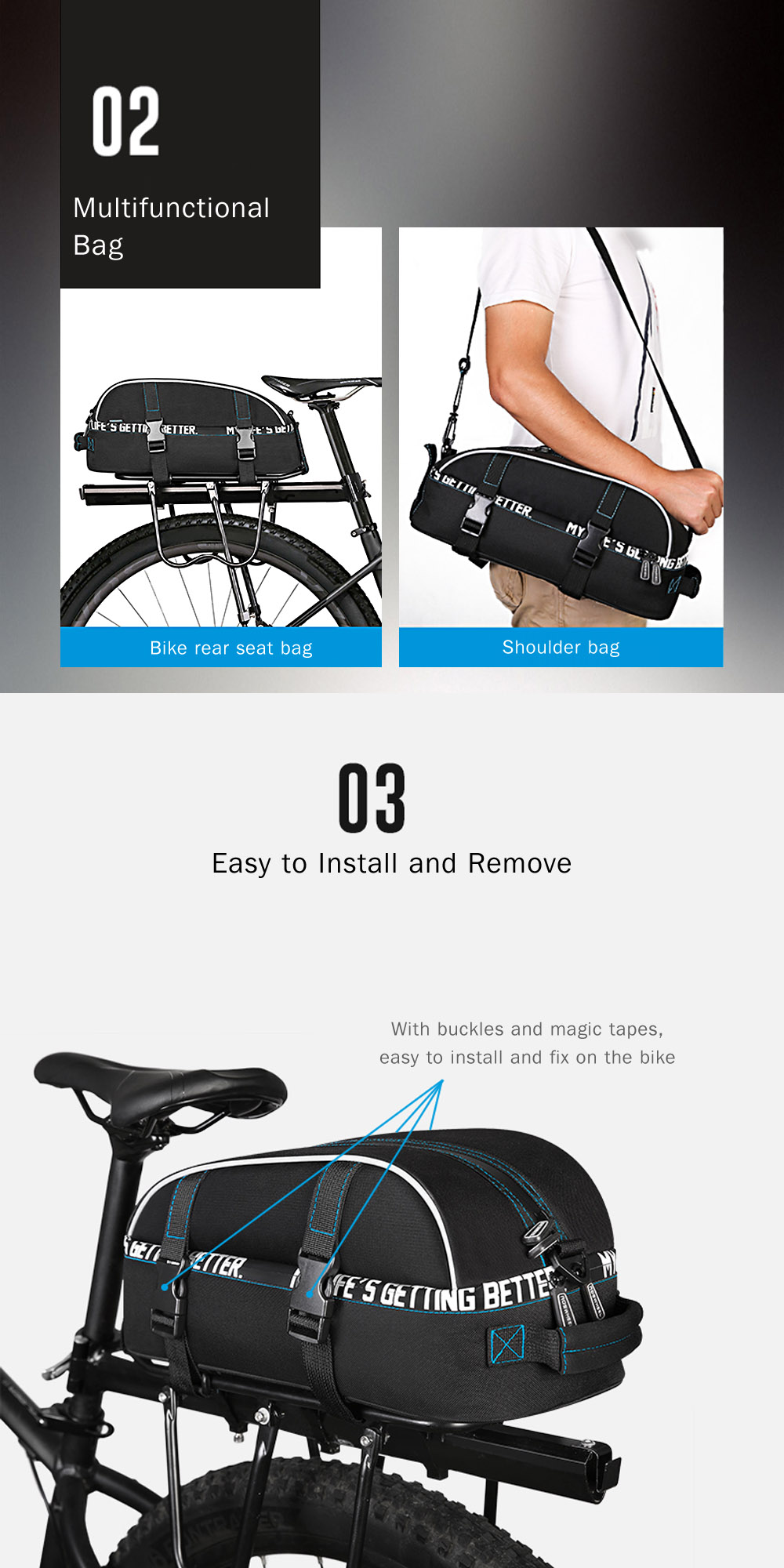 ROSWHEEL 8L Double Deck Bike Rear Seat Rack Pack Two Layer Bicycle Shelf Pocket Shoulder Bag