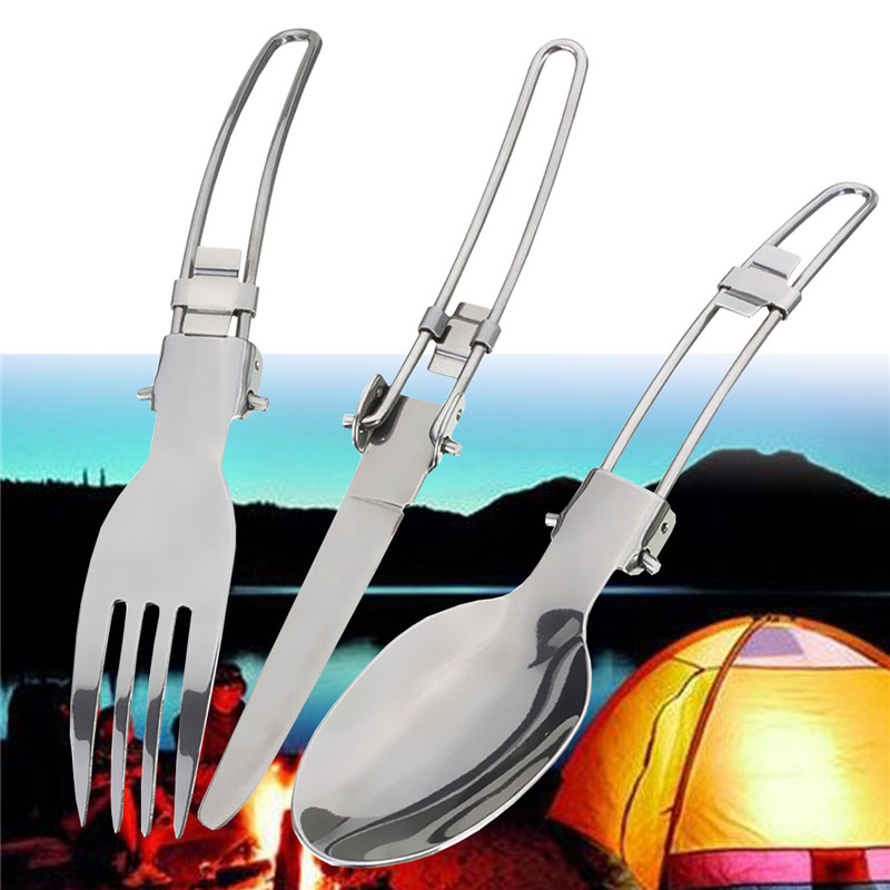 3 Pcs Portable Outdoor Camping Travel Picnic Foldable Stainless Steel Cutlery Spoon Fork Knife Tableware