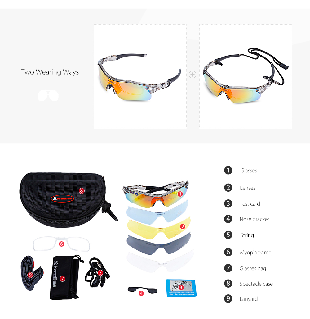 FreeBee Outdoor Cycling Glasses UV Protection Sunglasses with 5 Interchangeable Lenses