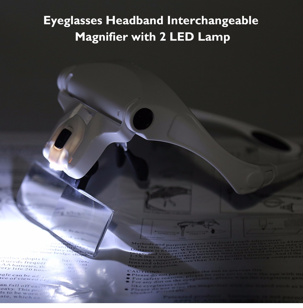5 Lens Eyeglasses Headband Interchangeable Magnifier with 2 LED Lamp
