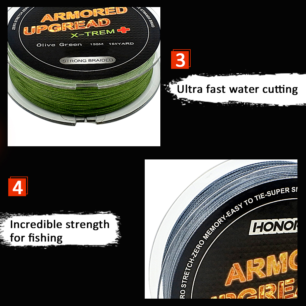 HONOREAL 0.165mm 150m Super Strong Abrasion Resistant Grey and Green Color 4 Strands PE Braided Fishing Line