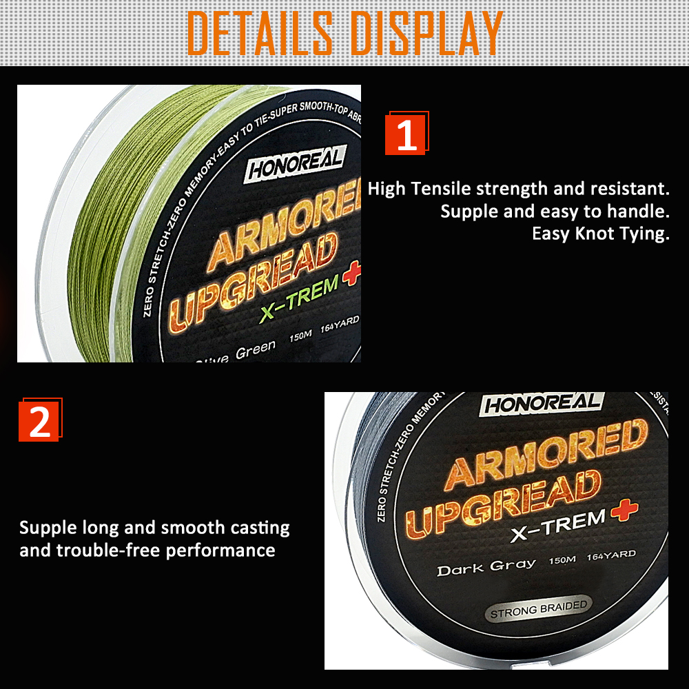 HONOREAL 0.165mm 150m Super Strong Abrasion Resistant Grey and Green Color 4 Strands PE Braided Fishing Line
