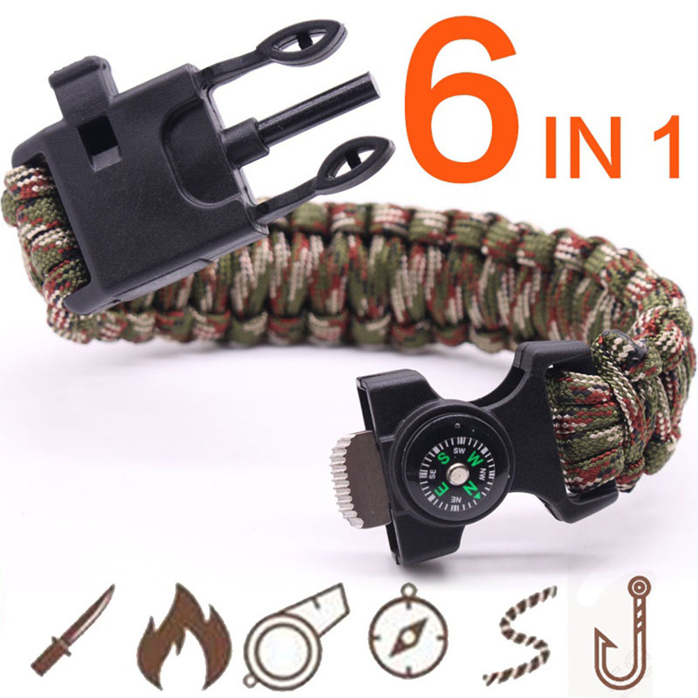 6 In 1 Multifunction Outdoor Survival Bracelet Fishing Line Hooks Compass Survival Bracelet Men's Outdoor Tool Camping E