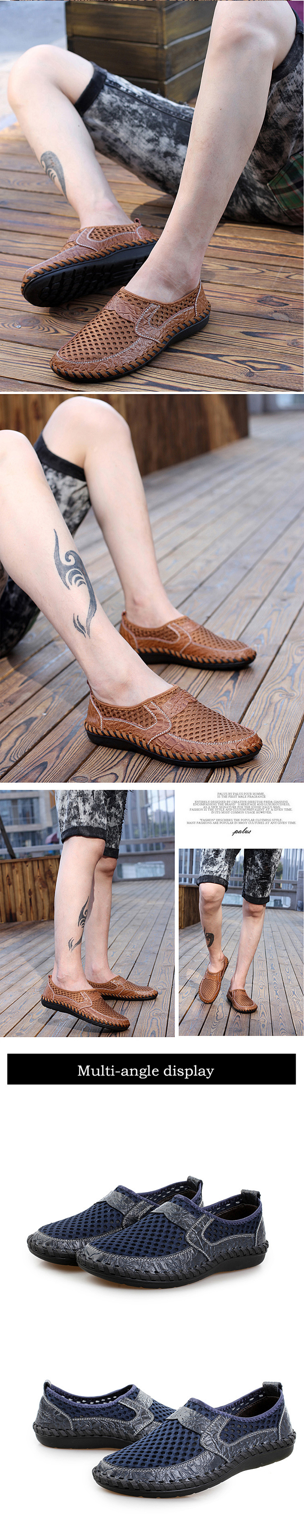 Summer New Mesh Shoes Leather Plus Mesh Men'S Breathable Casual Shoes Trend Handmade Shoes
