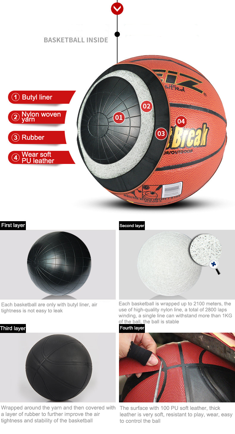Reiz 902 Outdoor Basketball Pu Leather 6 Non-Slip Wear-Resistant Ball Basquete with Free Gift Net Needle