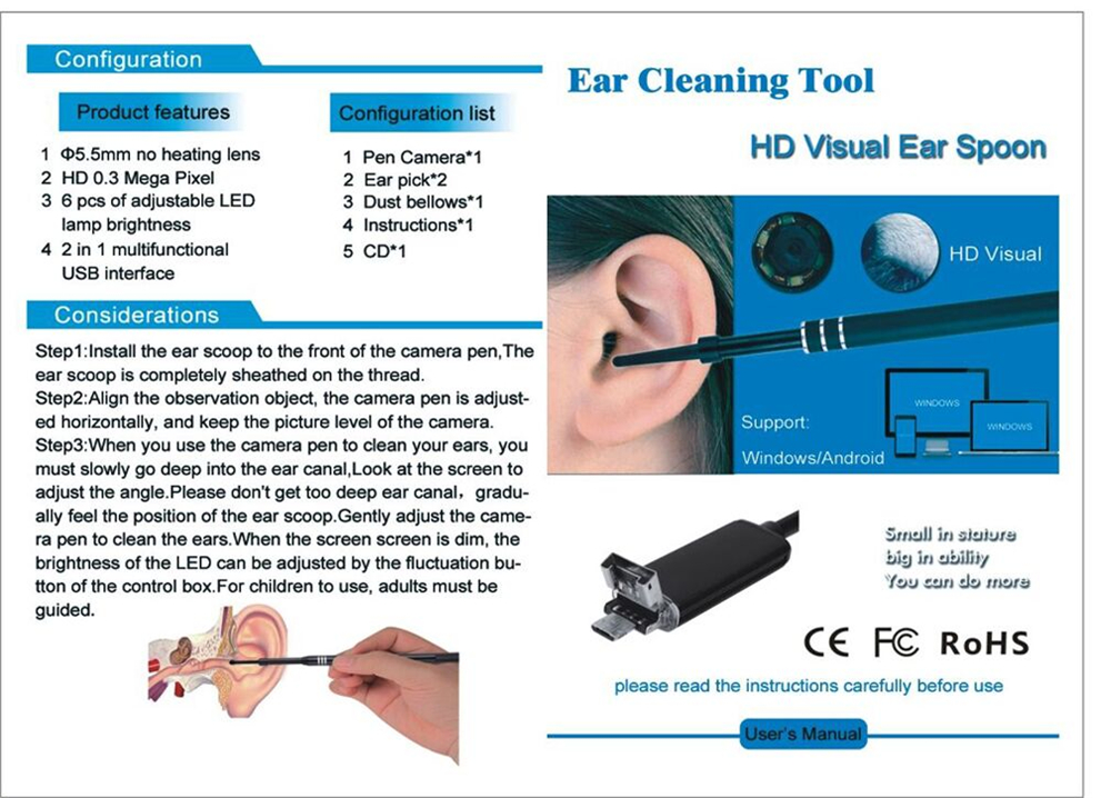 2-IN-1 5.5MM Endoscope Cleaning USB Visual Ear Spoon Earpick Otoscope Borescope Mini Camera Android PC