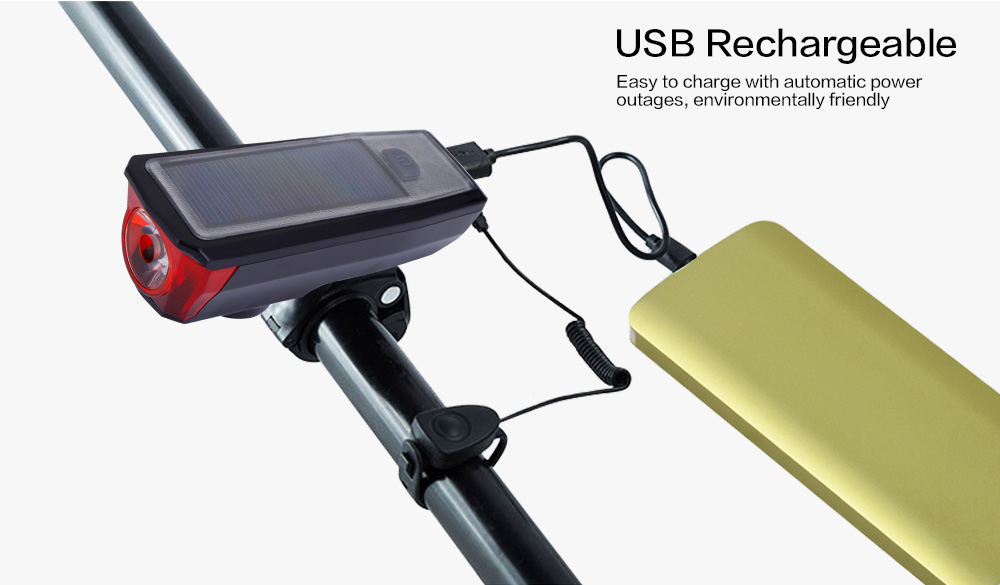 USB Rechargeable Headlight with 140dB Horn Solar Energy Bicycle Front Light Tail Lamp