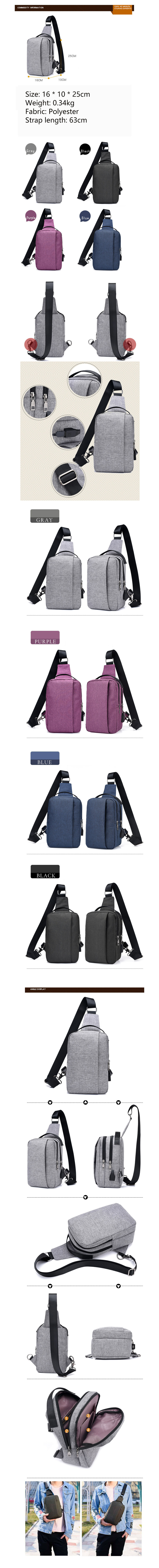 USB Charging Shoulder Chest Bag Sports Canvas for Outdoor