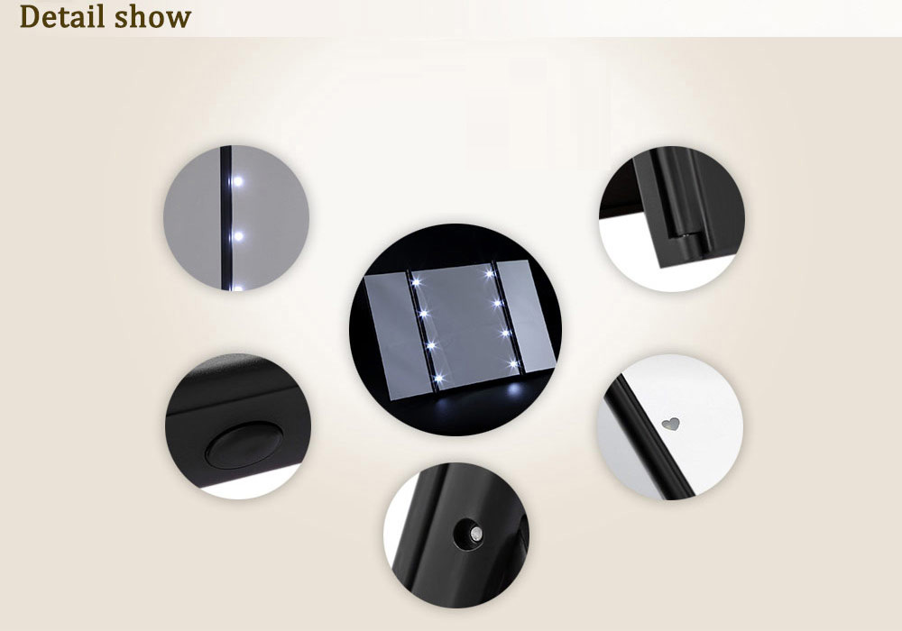 Fashion Portable Toilet Three Folding Table LED Lamp Luminous Makeup Mirror