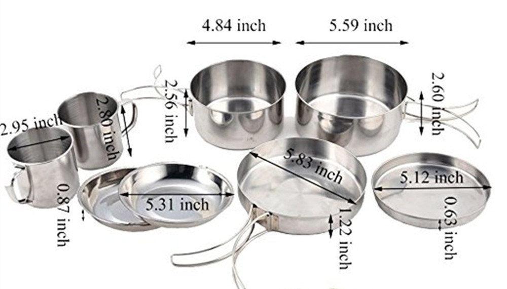 8PC Stainless Steel Picnic Pot Kit Camping Backpacking Hiking Cookware Set