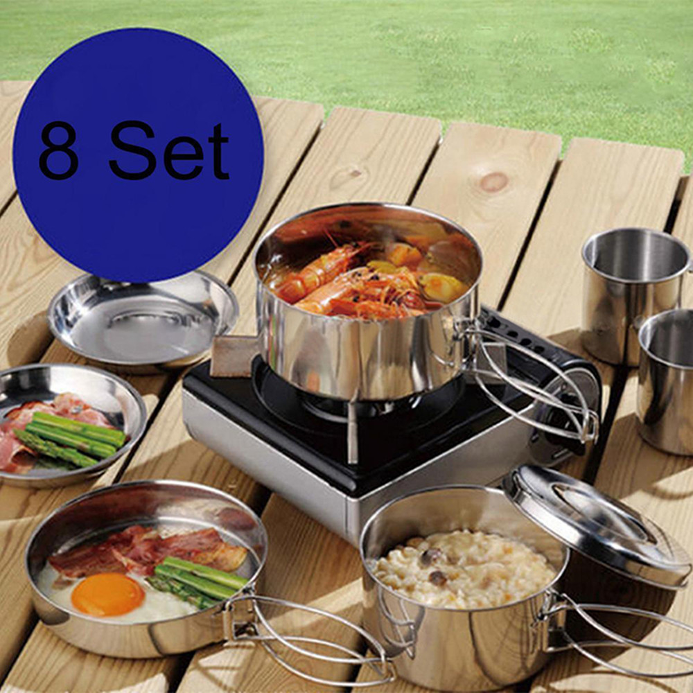 8PC Stainless Steel Picnic Pot Kit Camping Backpacking Hiking Cookware Set