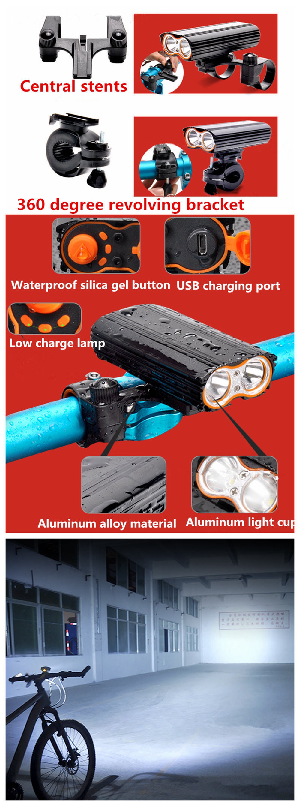 ZHISHUNJIA 1600lm 4-Mode LED Flashlight Headlamp USB Rechargeable Bicycle Lamp