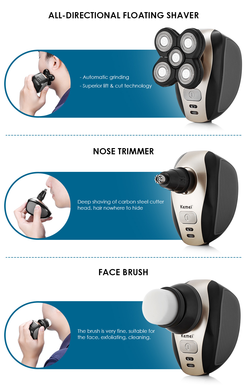KM - 1000 4D Male Face Care 5-in-1 Suit Replaceable Portable Razor Nose Trimmer Hair Clipper Electric Shaver