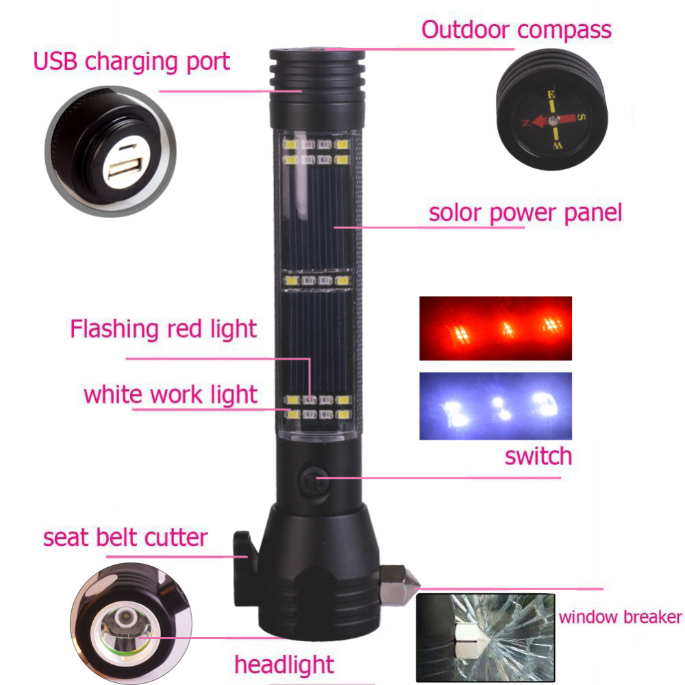 Emergency Safety USB Multi-Function Solar Escaping Rescue Flashlight Hammer Torch