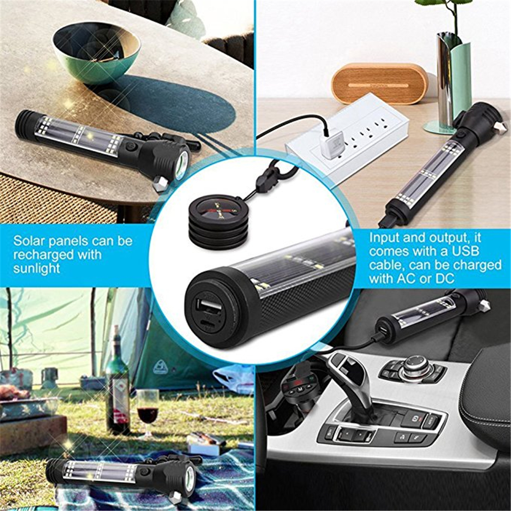 Emergency Safety USB Multi-Function Solar Escaping Rescue Flashlight Hammer Torch