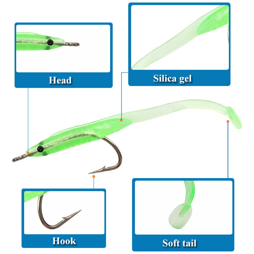 10PCS Soft Light Green Luminous Eel Fishing Lures Rubber Worm Bass Crank Lon