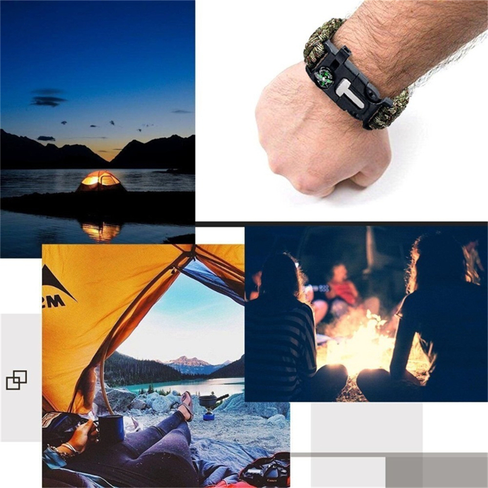 Survival Bracelet Outdoor Emergency with Fire Starter Compass Whistle