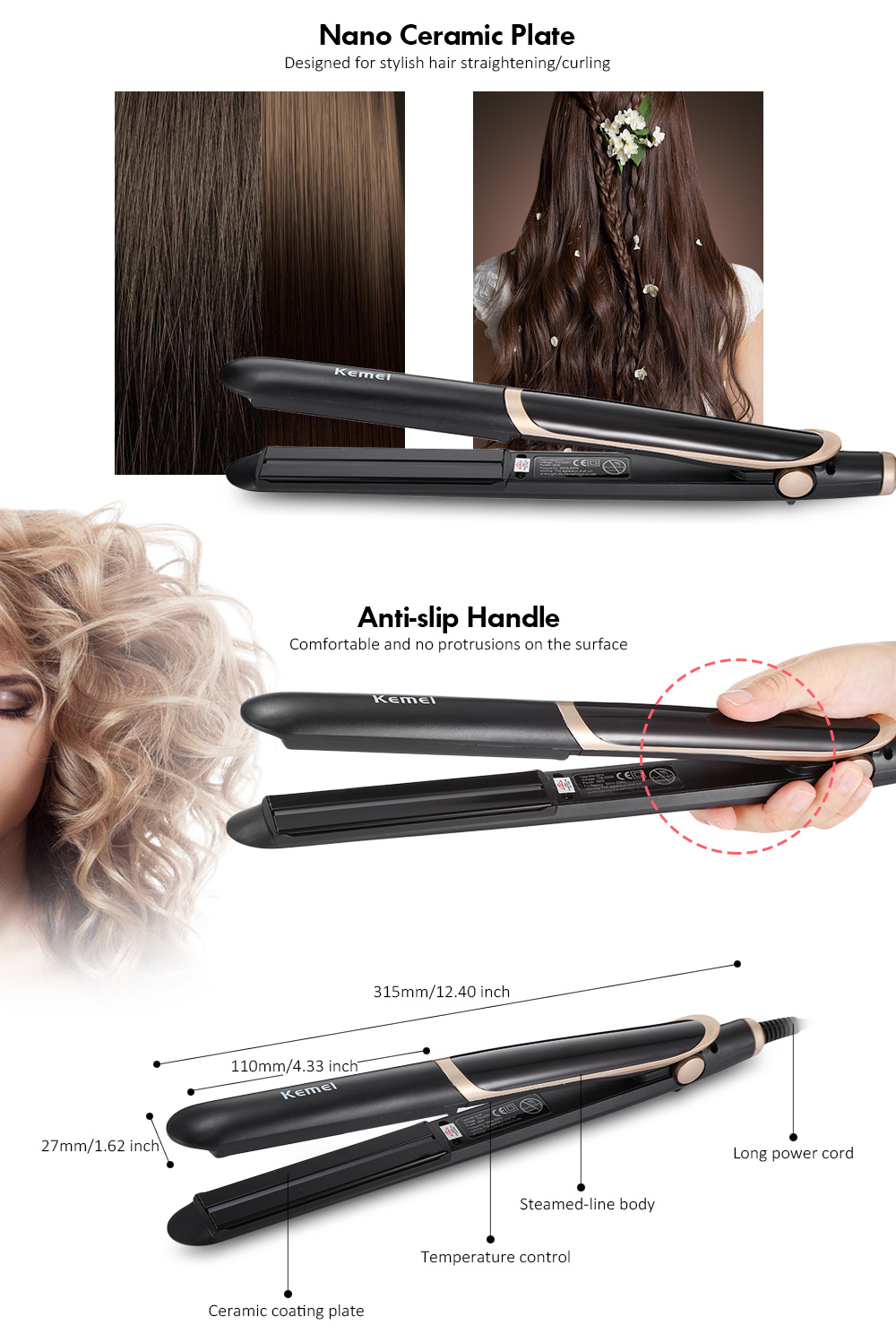 KM - 2219 Hair Infrared Straightener Ceramic Thermostatic Coating Styling Tool