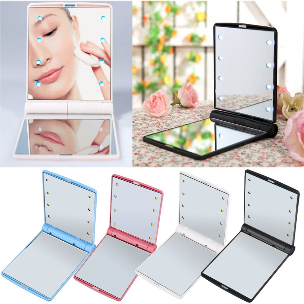 Makeup Mirrors Cosmetic Hand Folding Portable Compact Pocket 8 LED Lights Lamps