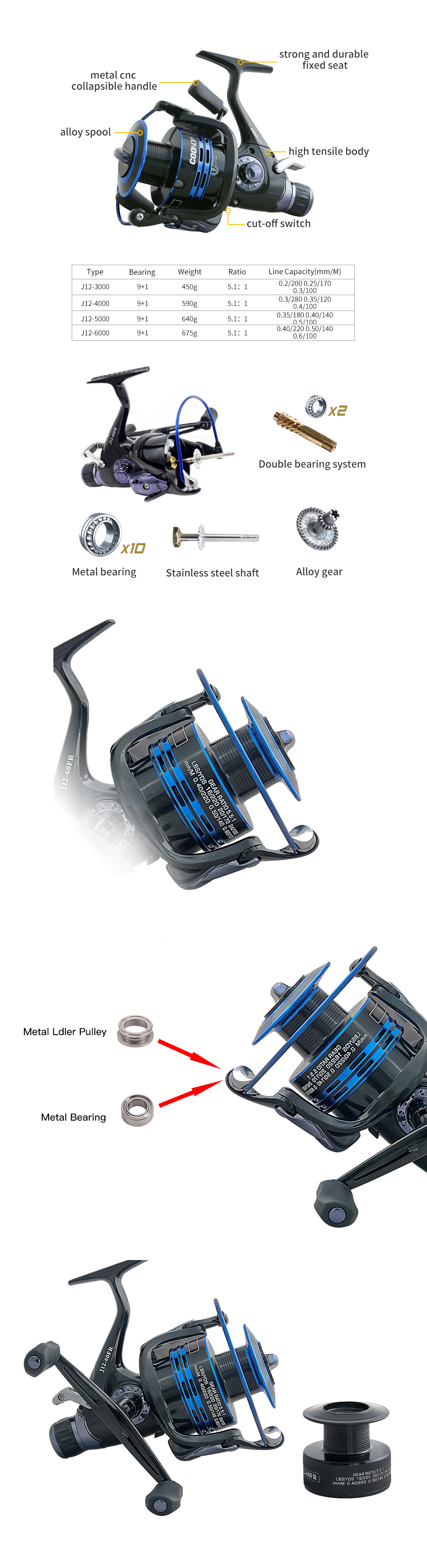 High Quality Metal Spinning Fishing Reel 6000 Series 9+1 BB Fishing Reel Wheel