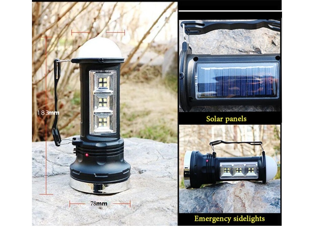 Three Button Portable Led Flashlight Solar Power Rechargeable for Hiking Camping