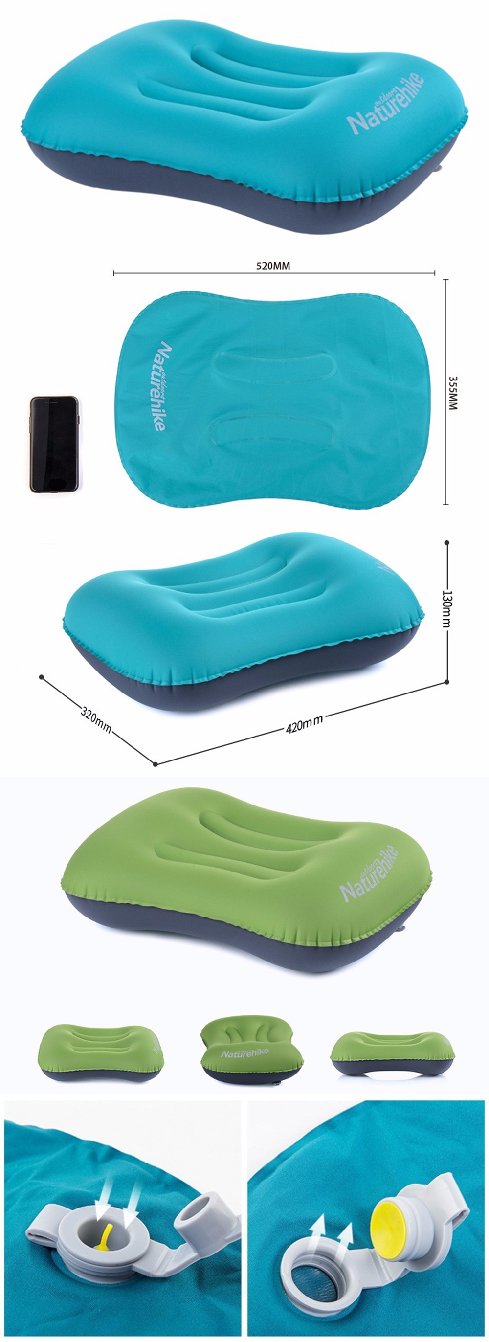 Naturehike Inflatable Travel Air Pillow Camping Sleeping Gear Fast Portable
