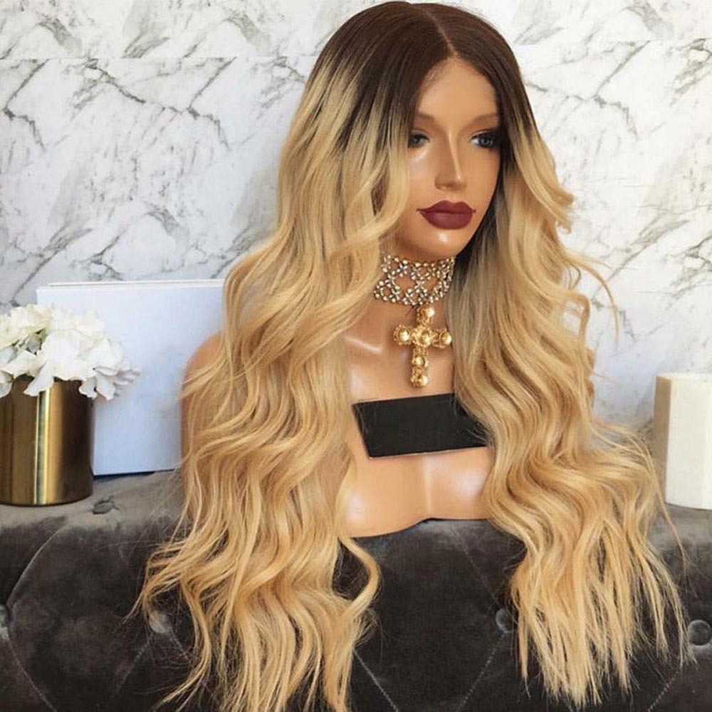Female Brown Gold Gradient in Long Curly Wig Big Wave Volume T Color