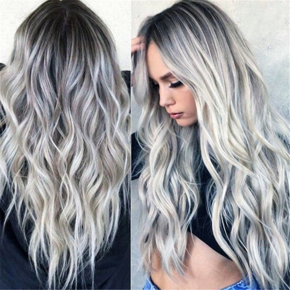 Bleaching Dyed Long Curly Hair COS Gray Gradient Female Chemical Fiber Hood